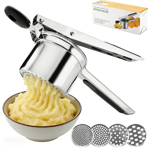 Acquwistach Potato Ricer, Stainless Steel Potato Masher with 4 Interchangable Discs, Large Capacity Food Press with Silicone Handle, Dishwasher Safe Vegetables & Fruit Press