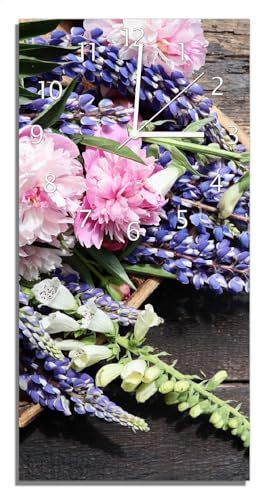 Wallario Design-Wanduhr Stillleben mit Frühlingsblumen aus Glas, Motiv-Uhr Größe 30 x 60 cm, weiße Zeiger