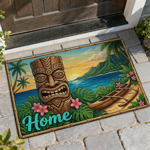 Tiki Welcome Door Mat, Tropical Beach Palm Sunset Summer Green Non-Slip Dirt Trapper Decorative Doormat for House Office Outside Inside Entrance Decor 29x17 Inch