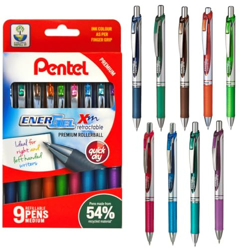 Pentel BL77 Energel XM Retractable Pens, 0.7mm Tip, Assorted Colours (Wallet of 9)