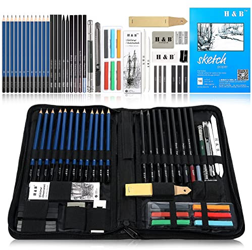 48 PCS Lápices de bocetos de Set Kit de dibujo de artistas en caja de cremallera con boceto, todos los accesorios diversos y de arte para su pintura