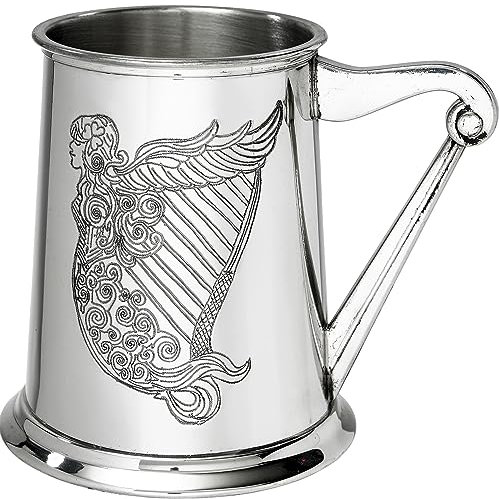 1 Pint Pewter Tankard with Irish Harp Design and Harp Handle Pure Heavy Gauge Beer Tankard Perfect for Engraved Personalised Gifts for Men and Women