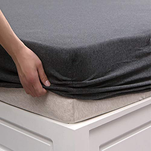 PURE ERA Jersey Knit Cotton Fitted Bottom Sheet ONLY (No Flat Sheet or Shams) Deep Pocket Up to 15 to 20 Ultra Soft Comfy Breathable Charcoal Black King