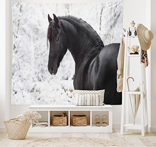 ABAKUHAUS Reiter Wandteppich, Snowy-Winter-Landschaft aus Weiches Mikrofaser Stoff Waschbar ohne Verblassen Digitaldruck, 150 x 110 cm, Weiß