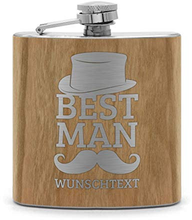 printplanet® - Holz Flachmann mit Name oder Text graviert - Schnaps-Flasche mit Namensgravur selbst gestalten - Motiv: Best Man