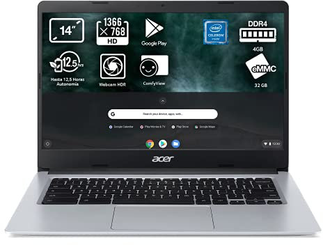 Acer Chromebook 314 CB314-1H - Ordenador Portátil 14 HD, Laptop (Intel Celeron N4020, 4GB RAM, 32GB eMMc, Gráficos UHD Intel 600, Chrome OS), PC Portátil Color Plata - Teclado Qwerty Español