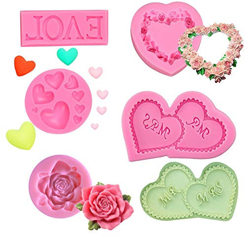 SUNSK Silikon Fondant Kuchen Formen 3D Rosen Blumen Herz Silikonformen Schokoladenformen DIY Kuchen Süßigkeiten Gelee Backformen Tortedeko 5 Stück