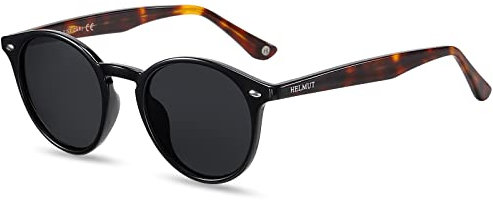 H HELMUT JUST Sonnenbrille Herren Damen Rund Retro Polarisierte Linse Schwarz Grau Getönte Gläser Leichter TR90 Rahmen Acetatbügel