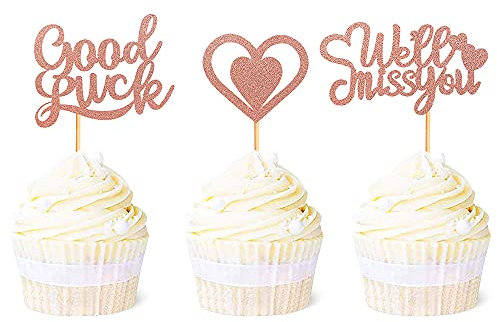Blumomon 36 Pack We Will Miss You Cupcake Toppers Glitter Heart Good Luck Cupcake Picks Decorations for Going Away Retirement Theme Party Supplies Rose Gold