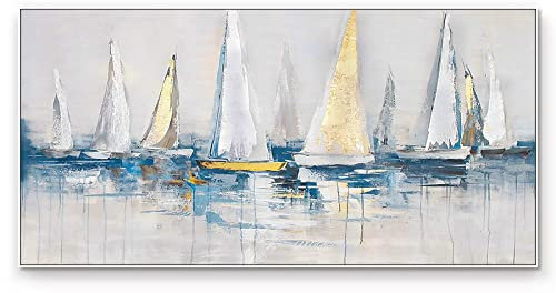 Ölbilder Auf Leinwand Handgemalt, Graue Textur Meer Segelboot Goldfolie Landschaft Moderne Abstrakte Rahmenlose Kunstwerke Handgemalte Ölgemälde Auf Leinwand Wandkunst Für Wohnzimmer Schla