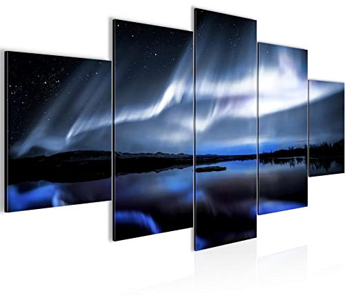 Runa Art Bild Wohnzimmer Schlafzimmer Nordlichter Nachthimmel 5 Teilig Polarlicht Island Schwarz Blau Wandbilder auf Vlies Leinwand 041953b