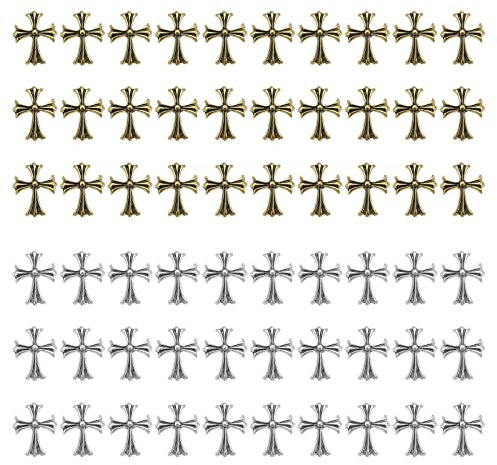 EMSea 60 Stück Kreuz Nail Art Charms Metall 3D Punk Nagel Ornamente für Maniküre Nagel Kunst Handwerk DIY Nagel Zubehör Dekoration Zubehör Bronze & Antik Silber