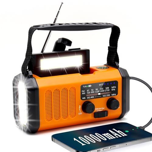 Portable Solar Radio,Dynamo Crank Emergency Radio with 10000mAh Power Bank for Cellphone Charger,Battery Operated Am FM Radio,3 Modes LED Torch,Loud SOS Siren,Best Outdoor Camping Hiking Survival Kit