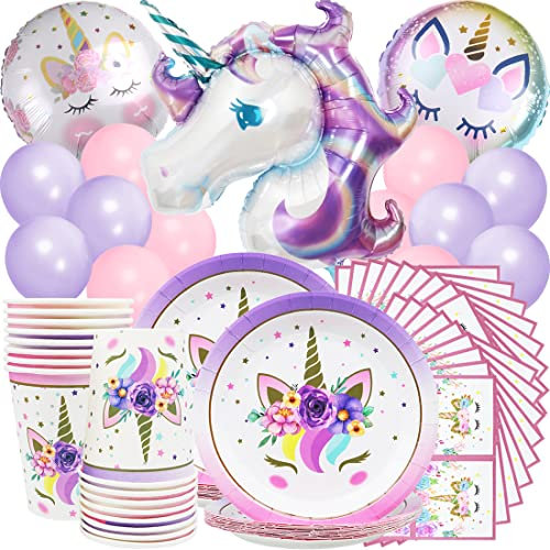 Unicornio Party Supplies,Vajilla de Fiesta de Unicornio Incluir 16 Platos Cumpleaños,16 Servilletas,16 Vasos,20 Globos de Macaron y 3 Globos Aluminio para Temática de Unicornio Cumpleaños