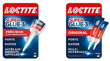 Loctite Super Glue-3 Précision, colle forte pour réparations précises, colle liquide tous matériaux, flacon 5 g & Super Glue-3 Original, colle forte et résistante de haute qualité, 2 tubes 3 g