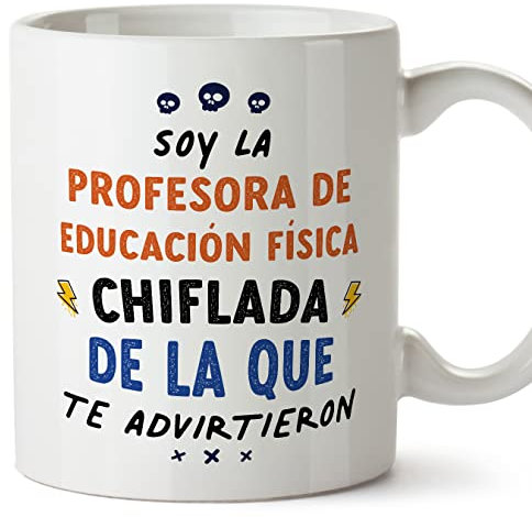 MUGFFINS Tazas para PROFESORA DE EDUCACIÓN FÍSICA mujer - En Español - Todos te advirtieron - 11 oz / 330 ml - Regalo original y divertido