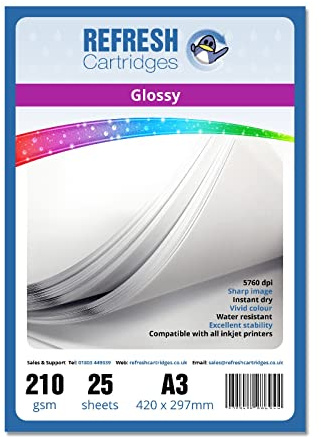 Refresh Cartridges Glossy Coated A3 Inkjet Photo Paper 210gsm - 25 Sheets