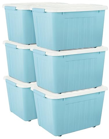 Cetomo 80L*6 Storage Boxes with Wheels, Plastic Storage Box with Lid, Latching Buckles, Click Closure, Stackable, Nesting, Durable Organizer for Home Office Clothes, Blue, 80L-6 Pack