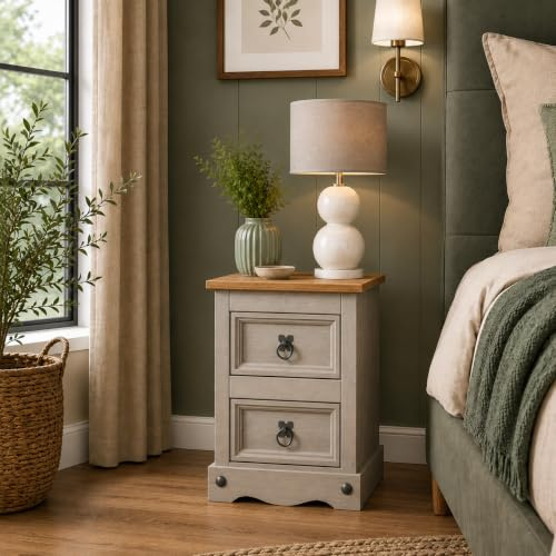Corona Grey Bedside Table 2 Drawer Side End Pine Wood Painted Mexican Style