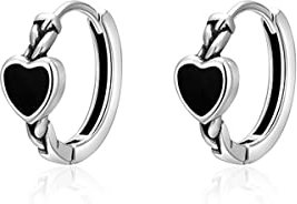 SLUYNZ 925 Sterling Silber Herz Creolen für Damen - Schwarz Knorpel Huggie Ohrringe