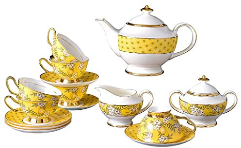 Sudemota Assiette de Diner 15 pièces Jaune Citron Fleur cafetière Pot à Sucre Petit Pot à Lait Tasse et Soucoupe Ensemble après-midi thé Ensemble de Vaisselle