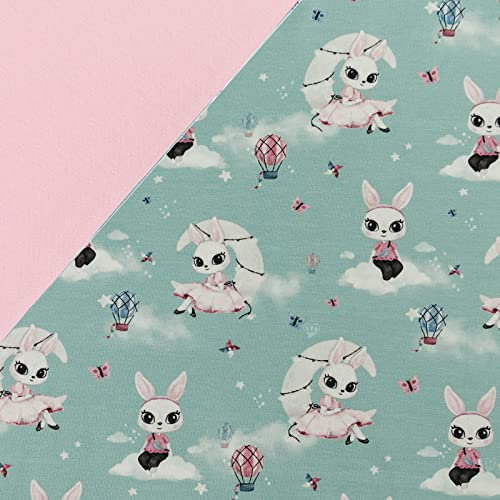 Stoffpaket 0,5 x 1,5 m Motiv-Jersey und 0,5 x 0,7 m Bündchen uni Nähpaket f. Kinderkleidung, Motiv:Hase grün | hellrosa