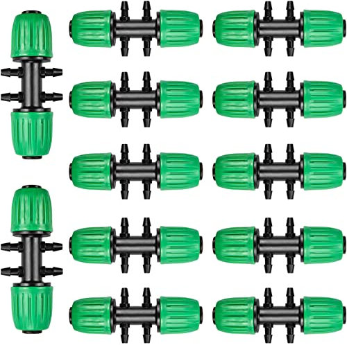 JOYPRO Raccordi per irrigazione a goccia per tubi da 1/2 (diametro esterno da 1,5 a 1,6 cm) a 1/4, 12 raccordi a T spinato a 6 vie per tubo di irrigazione a goccia (13 mm ID / 4 mm ID)