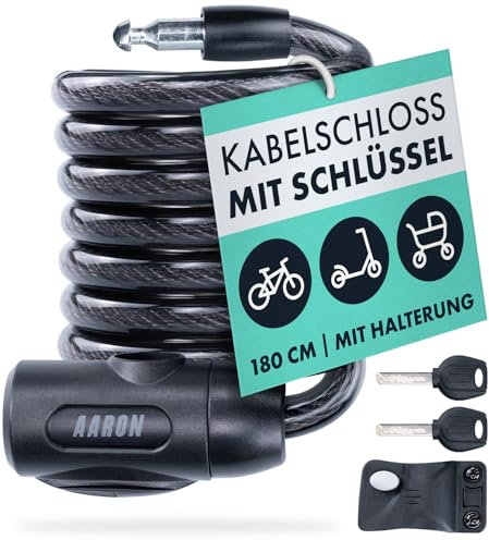 AARON Spin Fahrradschloss mit Schlüssel - 180cm/12mm - Spiralschloss mit hoher Sicherheit - leichtes Kabelschloss mit Halterung für E-Bike, Mountainbike, Trekkingrad - schwarz