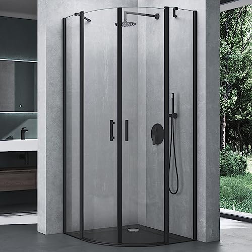Mai & Mai Cabine de Douche 80x80cm Ronde avec receveur Paroi de Douche en Quart de Cercle Verre Transparent Noir ESG Nano RAV52K