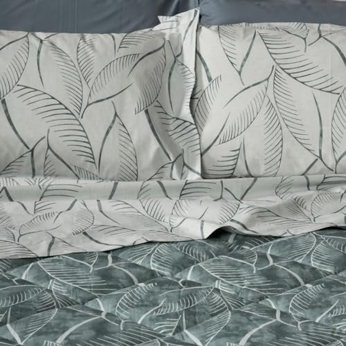 Cassera Casa - Lenzuola Parure Letto, Percalle Puro Cotone 200TC, Foglie, Made in Italy, Matrimoniale, Federe 50x80cm + Lenzuolo Sopra 260x290, Disegno Foglie Verde