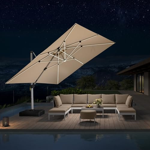 PURPLE LEAF Sonnenschirm 365 x 365 cm, LED Beleuchtung Ampelschirm Quadrat Durchmesser, Groß 360° Rotation, Gartenschirm mit Kurbel, Sonnenschutz UV50+, Beige