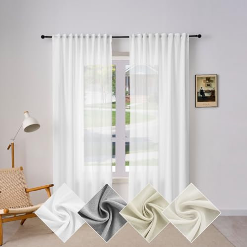 WOLTU Gardine, Schiebegardine mit Kräuselband, Vorhänge Leinenoptik, Leinenvorhang Halbtransparent Voile, Fenstergardine Modern, für Wohnzimmer Schlafzimmer, 135 x 245 cm, Weiß