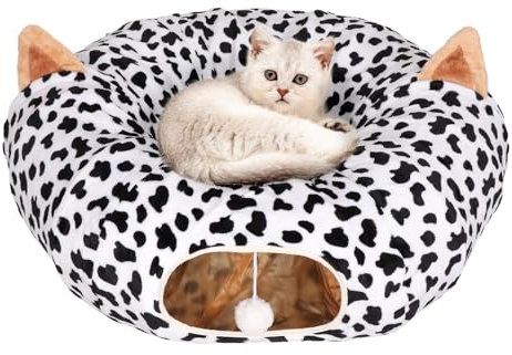 QLoztyse Katzentunnelbett für Indoor-Katzen – Extra große runde Katzenröhre, Donut-Kreistunnel mit Plüschball, Spielzeug, rund, faltbar, flauschige Höhlenabdeckung für Kätzchen, Kätzchen und Hunde