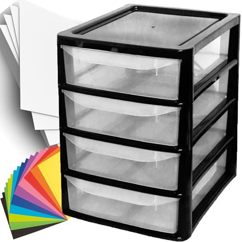 A4 Desktop Plastic Storage Drawers Table Top Organiser 4 Pull Out Drawers Storage Tower Unit For Home, School, Office, Bedroom & Living Room (2, Black)
