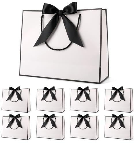 Geschenktüten mit Schleife,Geschenktasche Weiß mit Henkel,Weiß Geschenktüte aus Papier,Papiertüten für Geburtstag,Hochzeit,Weihnachten,32 x 25 x 10cm, (8 Stück)