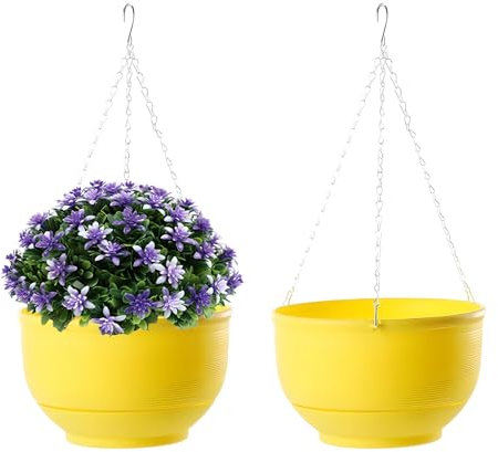 YuanDiann Lot de 2 pots de fleurs à suspendre avec plateau amovible, panier de fleurs auto-absorbant, en plastique, plante suspendue, pour l'extérieur et l'intérieur, décoration de jardin, jaune, 30