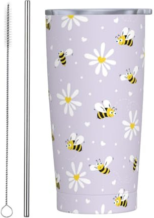 CHASOEA Bee Tumbler Trinkbecher aus Edelstahl, isoliert, mit Deckel und Strohhalm, 590 ml, Violett, Reise-Kaffeetasse, Tee, Weinbecher, Wasserflasche, Sportgeschenke für Frauen, Bienenliebhaber