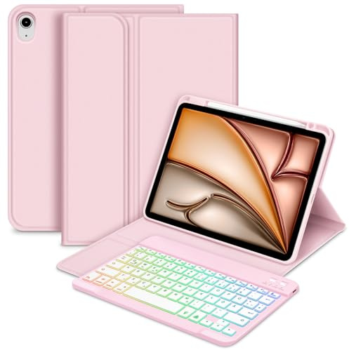 Bettdow für iPad Air 11 Zoll M3 2025/ M2 2024 Tastatur Hülle, QWERTZ Layout Abnehmbarer Beleuchtete Tastatur mit Hülle für Air 7./6.Gen 11/ Air 5.Gen 2022 10.9/ Air 4.Gen 2020 10.9, Rosa
