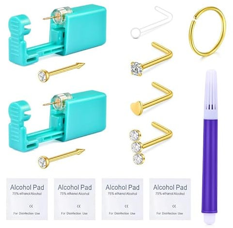 MODRSA Nasenpiercing Stecker Kit Nasenstecker Nasenring Piercing Nose Ring Selbst Nasenpiercing Piercing Gun Disposable Gold Piercing Schmuck Kit