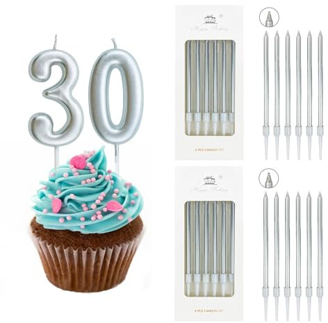 Ronoza Geburtstagskerzen Zahlen 30, Kerzen Geburtstag, Geburtstagskerze Silber, Geburtstagskerzen für Torte, Kerze 30, Kerzen Zahlen mit 12 Stück Dünne Lange Silber Geburtstagskerze