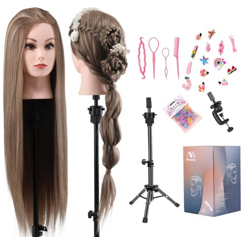 Tete a Coiffer Professionnel avec Trépied Support 26 inch 100% de Cheveux Synthétiques Tête À Coiffer Tête de Coiffure Têtes d'exercice Cosmétologie avec Support + Ensemble de Tresse