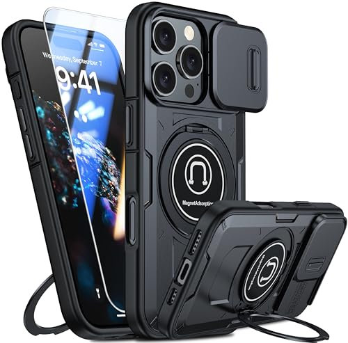 GOLDJU for iPhone 16 Pro Case - with Built-in Slide Camera Cover & Rotatable Kickstand Ring [1 * Screen Protector] Rugged Military Heavy Duty ShockProof Protective Case for iPhone 16 Pro - Black