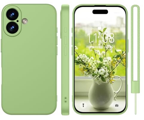 KPPIT iPhone for 16 case silicone,iPhone 16 Phone case shockproof 6.1,Full camera coverage Military-Grade Protection 360°,With hand strap slim Case-Matcha Green