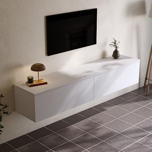 Warmiehomy Floating TV Unit Wall Hung TV Unit white with Router and Cable Holes Media Wall Units for Living Room(White, 160cm)