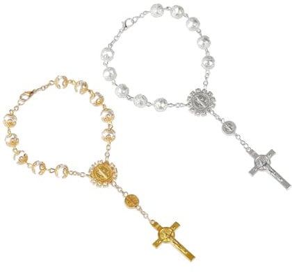 WeddHuis 2 Stück Auto Rosenkranz Rückspiegel Christophorus Kruzifix Autofahrer Geschenk Gebetskette Auto Innenspiegel Sonnenblende Talisman Glücksbringer PKW (Silber)