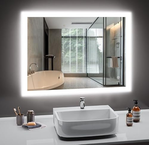 PESENXAN LED Badspiegel mit Beleuchtung, 45 x 60cm Wandspiegel Badezimmerspiegel Kaltweiß 6500K, Dimmbar, Touch-Schalter und Speicherfunktion, IP44 LED-Spiegel-Bad, Horizontal/Vertikal