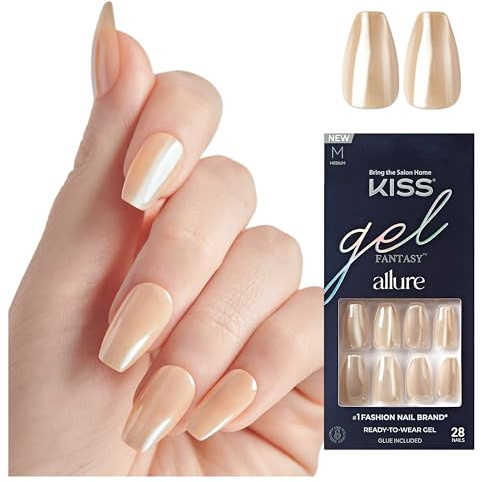 KISS Gel Fantasy Allure Press-On-Nägel, MoonBeam, Beige, mittellange Coffin-Form, sofort tragfertige Gelnägel, 28 Kunstnägel, pinker Gel-Nagelkleber (2g), Manikürestäbchen und Mini-Nagelfeile