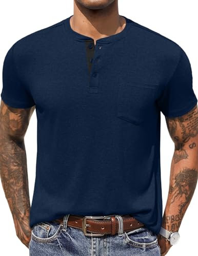 COOFANDY T-Shirts für Herren Henley Einfarbig Herren T Shirt mit Tasche Cool Männer Shirts Kurzarm Lässiges Basic Tee mit Knopf Navy Blau L