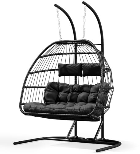 Warmiehomy Swing Egg Chair 2 Seater Hanging Chair with Cushion PE Wicker Rattan Double Hammock Chair with Stand Indoor Outdoor Foldable Egg Chairs for Garden, Patio, Backyard