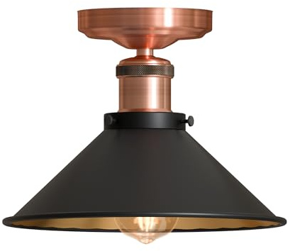 LEDSONE Vintage Metal Cone Ceiling Light Fixture with E27 Lamp Holder Industrial Style Semi Flush Mount Lights for Kitchen Living Room Hallway & Home Decor Ceiling Fitting (Black Inner Gold With Bulb)